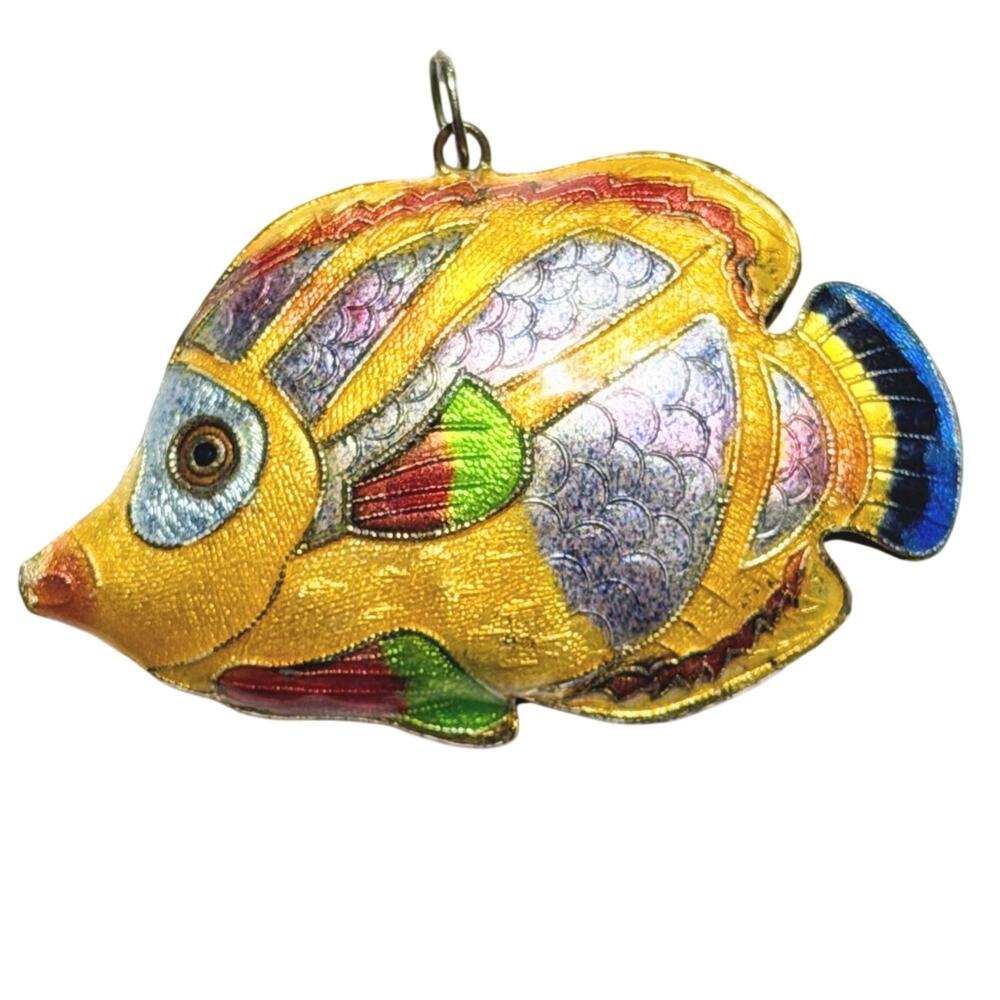 Vintage Cloisonne Fish Pendant Enamel Yellow Purple Blue 3 Inch